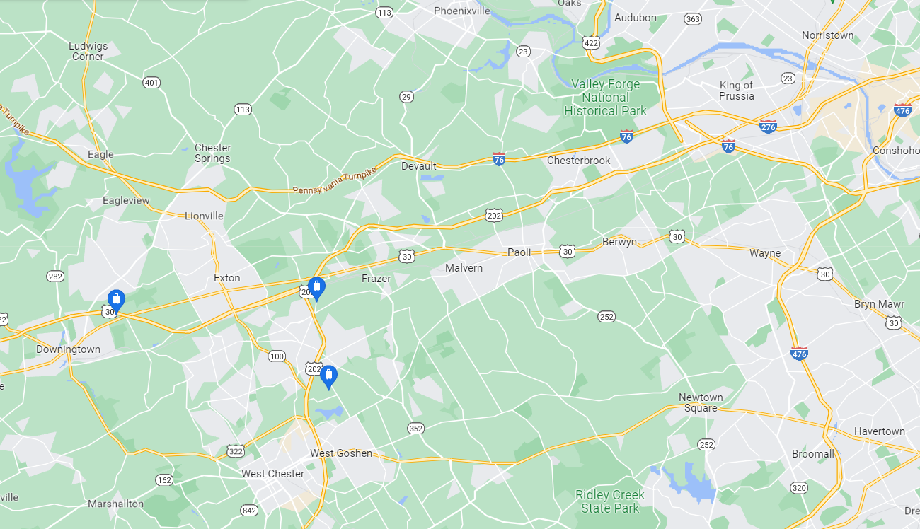 Map of service area for Titan Exterior Solutions in Exton and surrounding areas in Chester County, PA